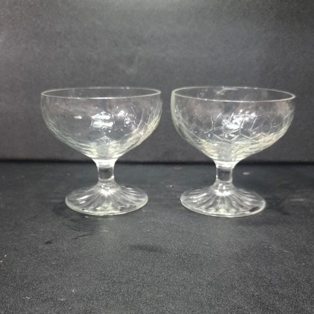 LE Smith Crackle Sherbet Glasses, Set of 2, Vintage Clear Dessert Cups, Stemware